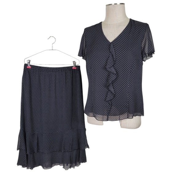 Sag Harbor Midi Chiffon Skirt Suit PL Blouse PM Polka Dot Ruffled Flutter Sleeve - Picture 1 of 12